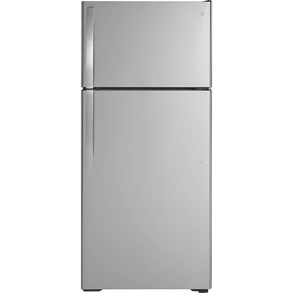 GE - 28 in. Wide 16.6 Cu. Ft. Top-Freezer Refrigerator with Edge-to-Edge Glass Shelves - Stainless Steel