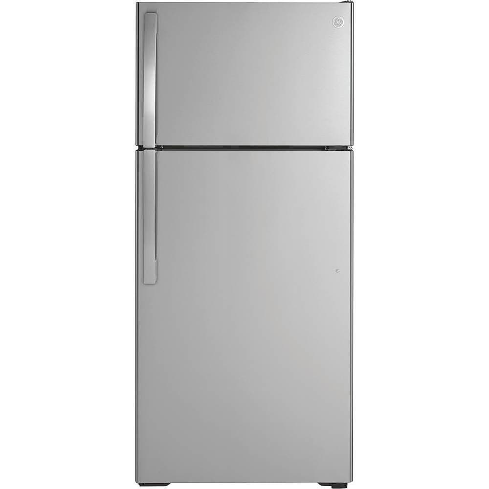 GE - 28 in. Wide 16.6 Cu. Ft. Top-Freezer Refrigerator with Edge-to-Edge Glass Shelves - Stainless Steel